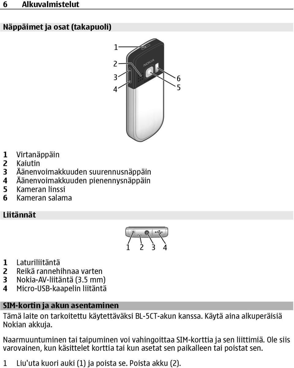 5 mm) 4 Micro-USB-kaapelin liitäntä SIM-kortin ja akun asentaminen Tämä laite on tarkoitettu käytettäväksi BL-5CT-akun kanssa.
