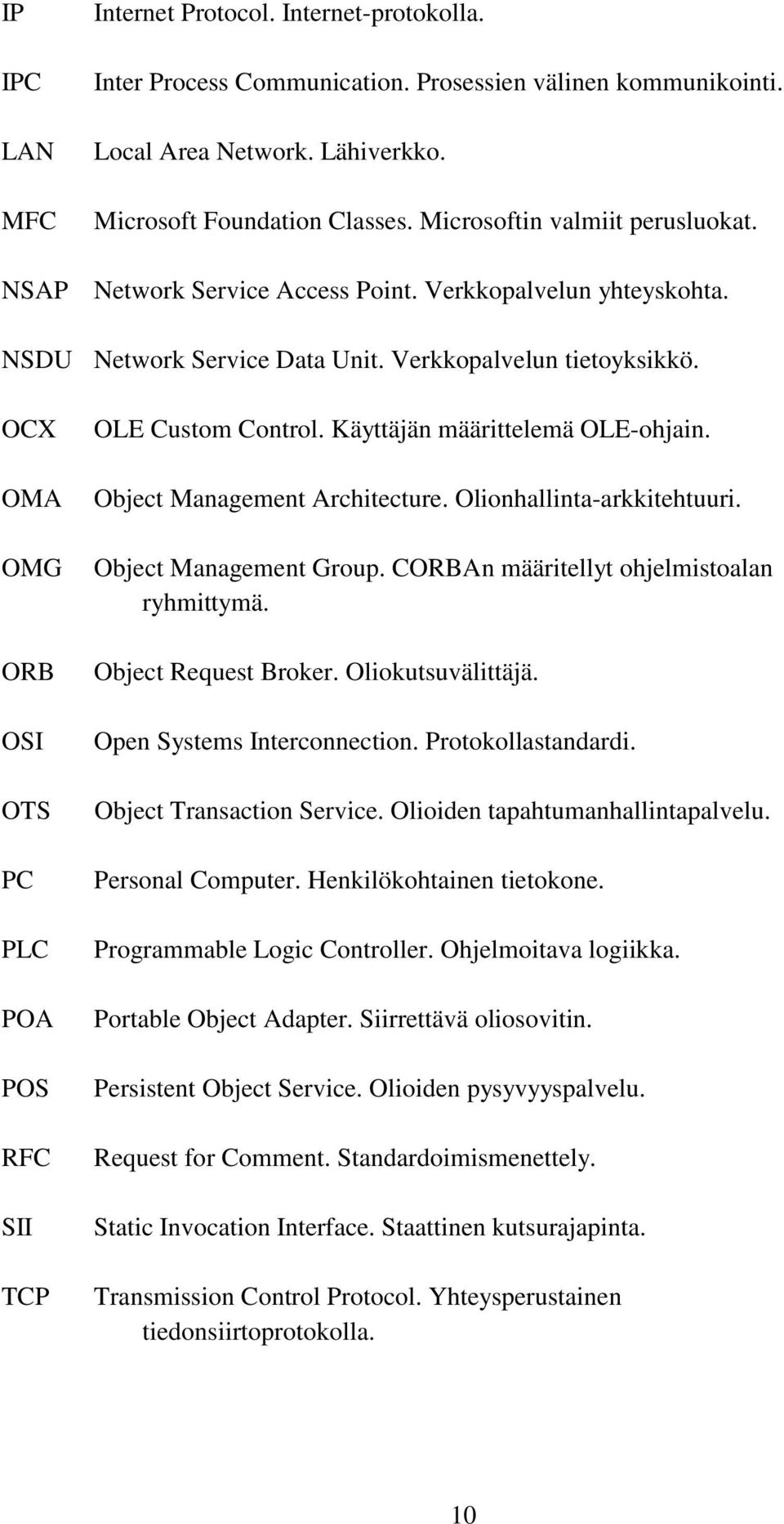 OLE Custom Control. Käyttäjän määrittelemä OLE-ohjain. Object Management Architecture. Olionhallinta-arkkitehtuuri. Object Management Group. CORBAn määritellyt ohjelmistoalan ryhmittymä.