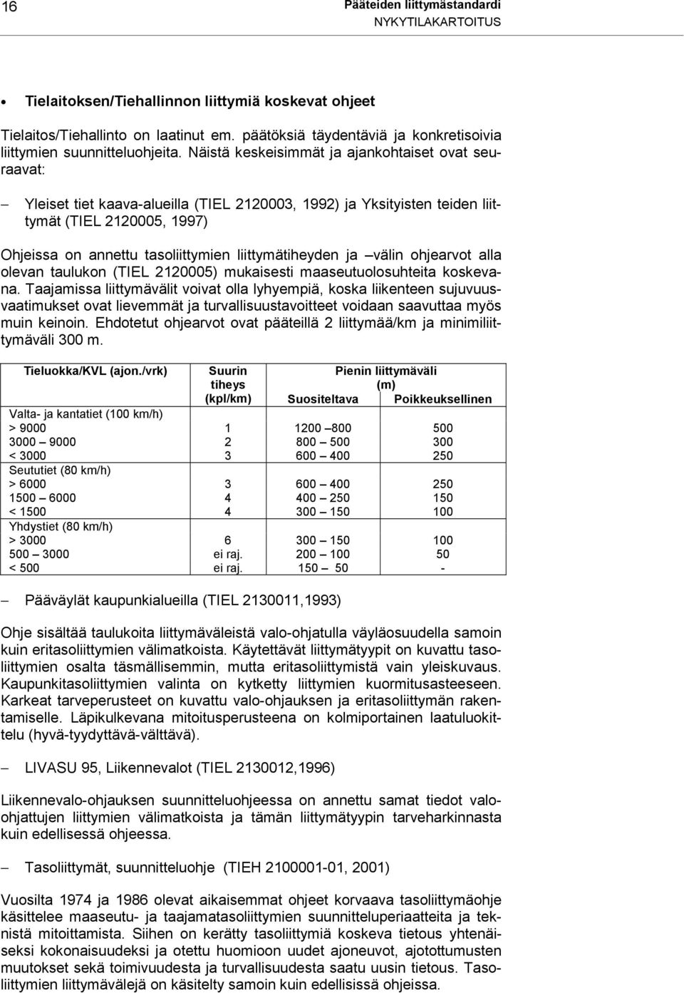 Näistä keskeisimmät ja ajankohtaiset ovat seuraavat: Yleiset tiet kaava-alueilla (TIEL 2120003, 1992) ja Yksityisten teiden liittymät (TIEL 2120005, 1997) Ohjeissa on annettu tasoliittymien