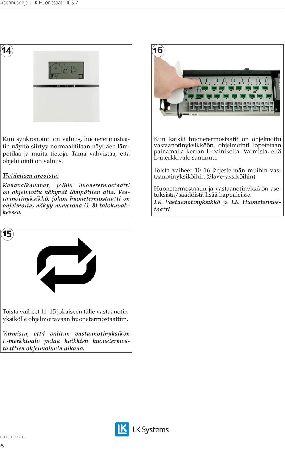 Kun kaikki huonetermostaatit on ohjelmoitu vastaanotinyksikköön, ohjelmointi lopetetaan painamalla kerran L-painiketta. Varmista, että L-merkkivalo sammuu.