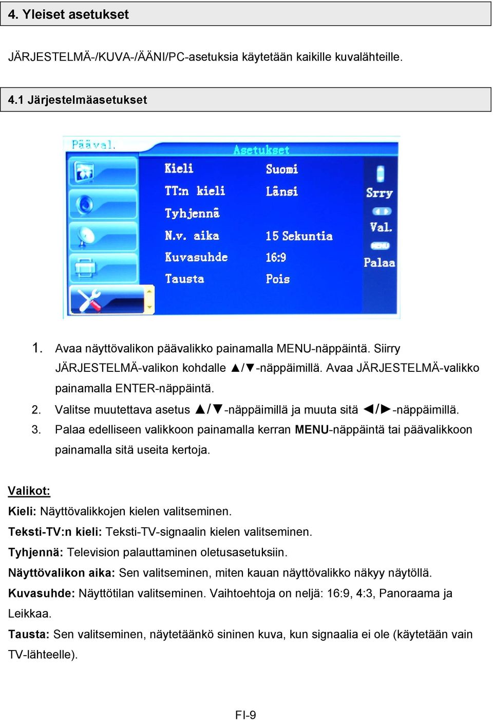 Palaa edelliseen valikkoon painamalla kerran MENU-näppäintä tai päävalikkoon painamalla sitä useita kertoja. Valikot: Kieli: Näyttövalikkojen kielen valitseminen.