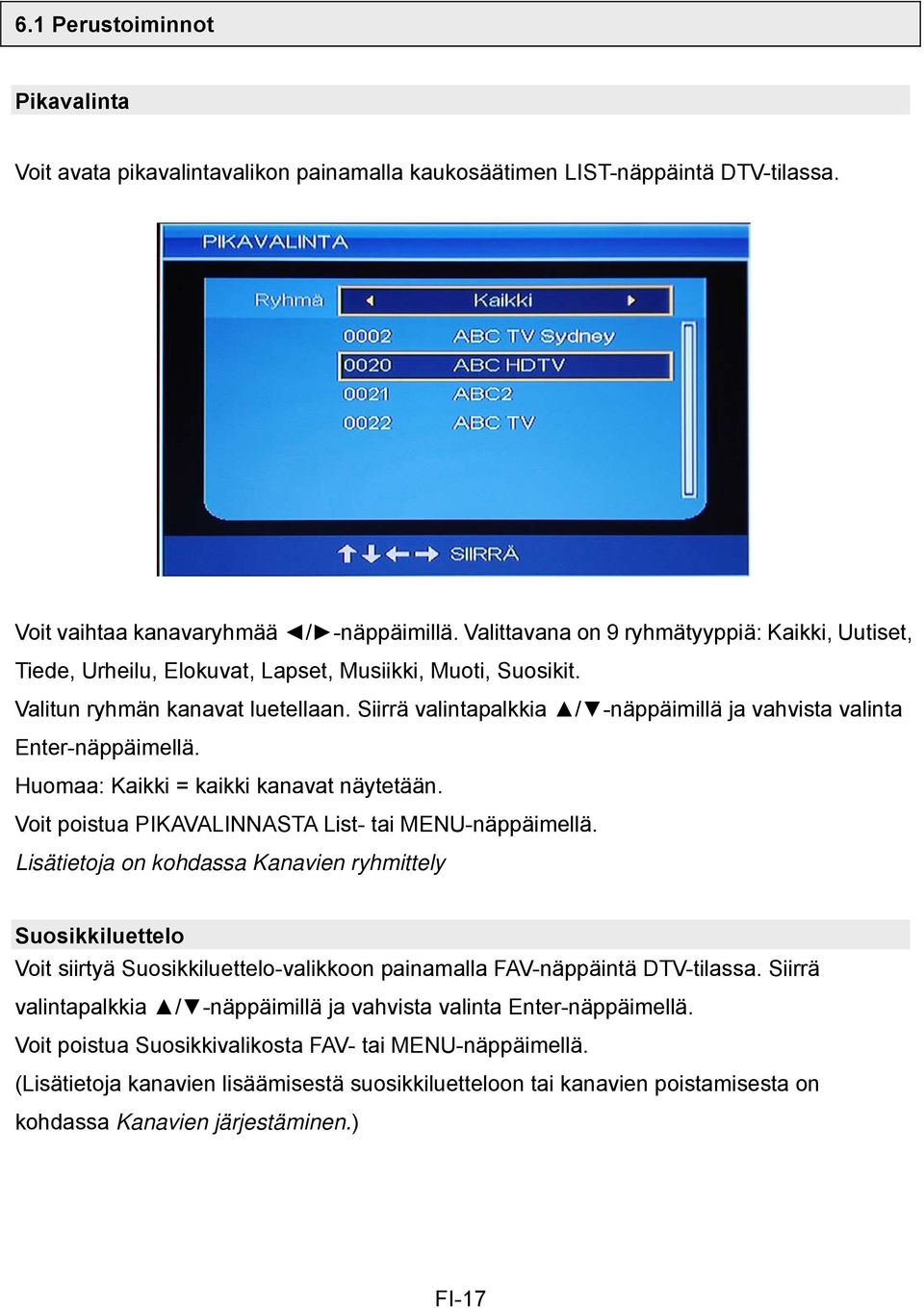 Siirrä valintapalkkia / -näppäimillä ja vahvista valinta Enter-näppäimellä. Huomaa: Kaikki = kaikki kanavat näytetään. Voit poistua PIKAVALINNASTA List- tai MENU-näppäimellä.