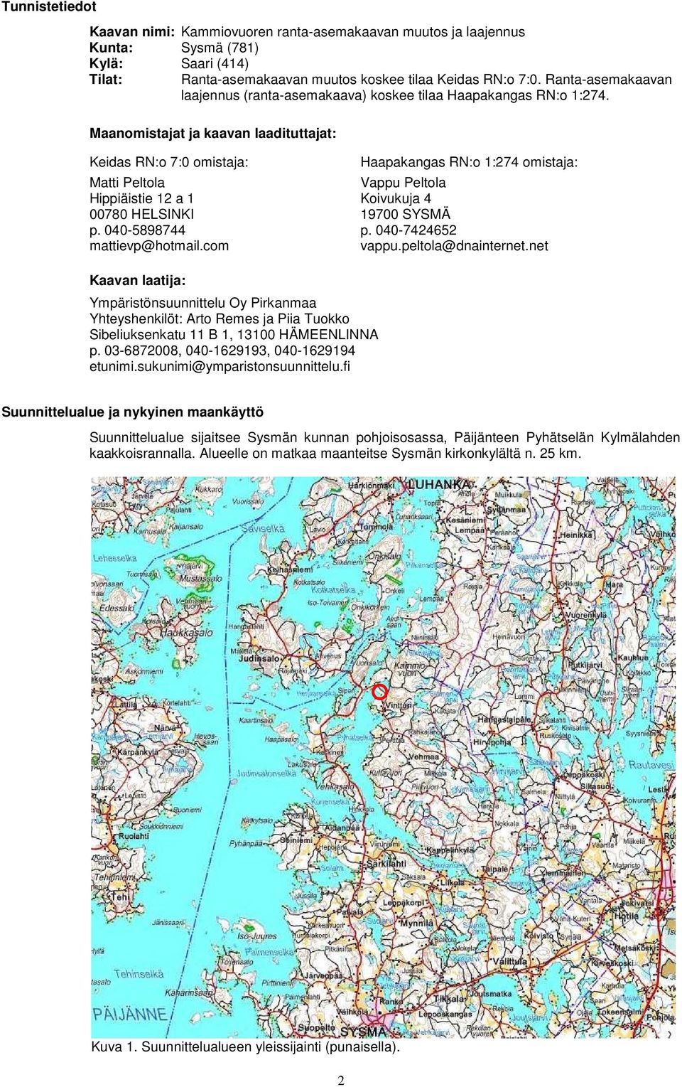 Maanomistajat ja kaavan laadituttajat: Keidas RN:o 7:0 omistaja: Haapakangas RN:o 1:274 omistaja: Matti Peltola Vappu Peltola Hippiäistie 12 a 1 Koivukuja 4 00780 HELSINKI 19700 SYSMÄ p.