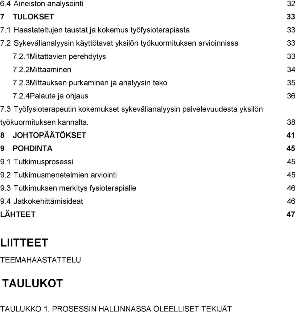 2.4Palaute ja ohjaus 36 7.3 Työfysioterapeutin kokemukset sykevälianalyysin palvelevuudesta yksilön työkuormituksen kannalta. 38 8 JOHTOPÄÄTÖKSET 41 9 POHDINTA 45 9.