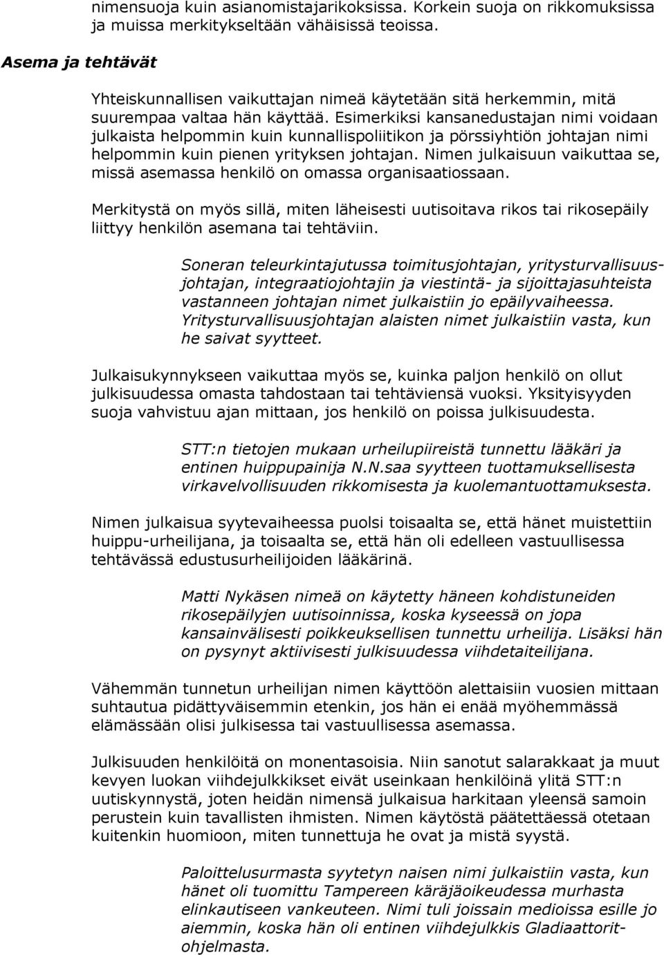 Esimerkiksi kansanedustajan nimi voidaan julkaista helpommin kuin kunnallispoliitikon ja pörssiyhtiön johtajan nimi helpommin kuin pienen yrityksen johtajan.