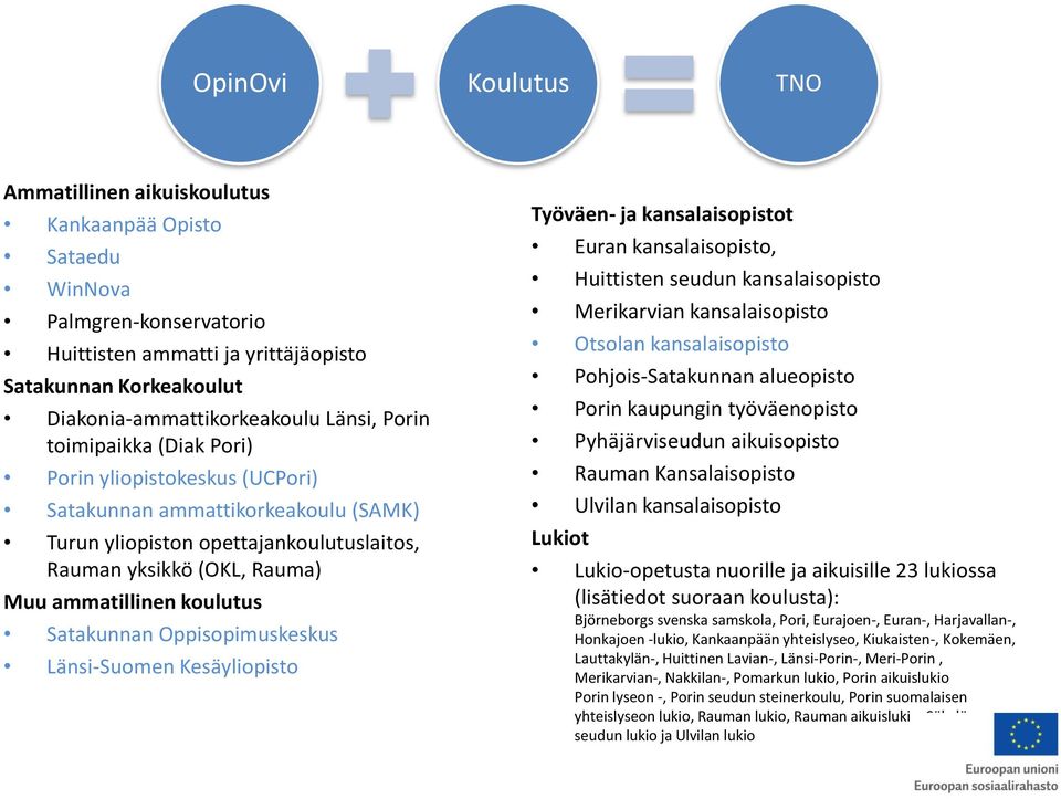 koulutus Satakunnan Oppisopimuskeskus Länsi-Suomen Kesäyliopisto Työväen- ja kansalaisopistot Euran kansalaisopisto, Huittisten seudun kansalaisopisto Merikarvian kansalaisopisto Otsolan