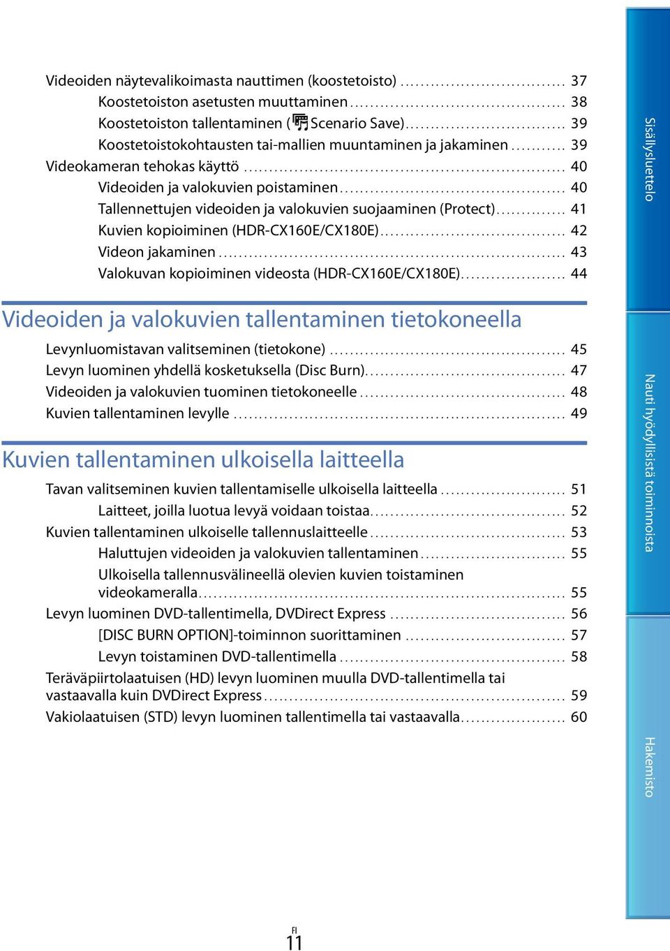 ............................................. 40 Tallennettujen videoiden ja valokuvien suojaaminen (Protect).............. 41 Kuvien kopioiminen (HDR-CX160E/CX180E)..................................... 42 Videon jakaminen.