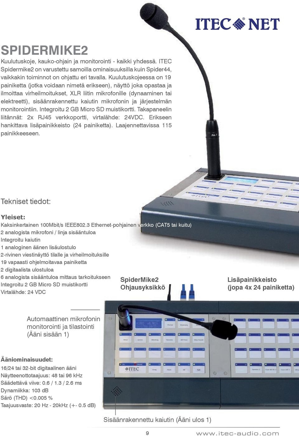 mikrofonin ja järjestelmän monitorointiin. Integroitu 2 GB Micro SD muistikortti. akapaneelin liitännät: 2x RJ45 verkkoportti, virtalähde: 24VDC. Erikseen hankittava lisäpainikkeisto (24 painiketta).