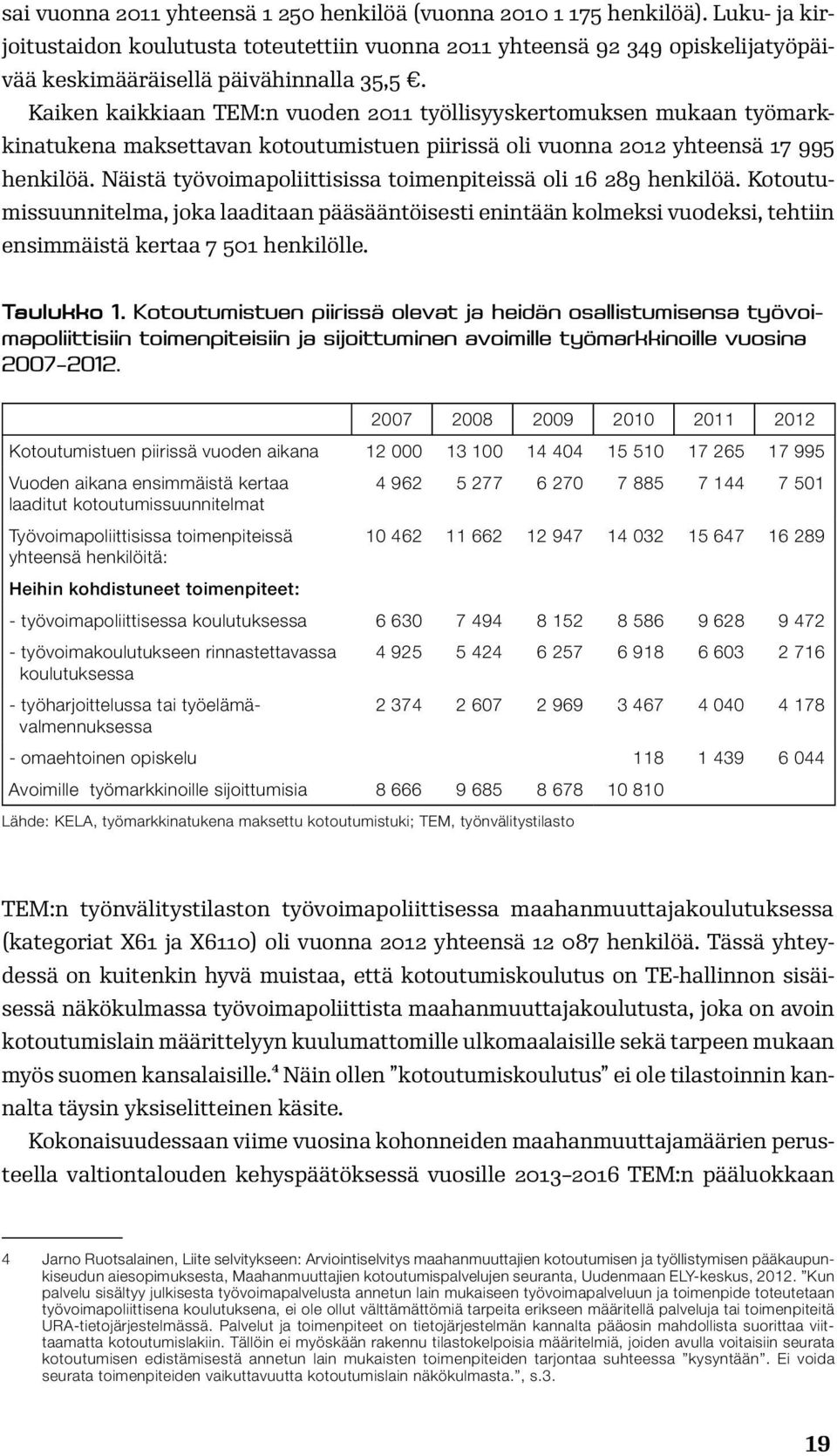 Kaiken kaikkiaan TEM:n vuoden 2011 työllisyyskertomuksen mukaan työmarkkinatukena maksettavan kotoutumistuen piirissä oli vuonna 2012 yhteensä 17 995 henkilöä.