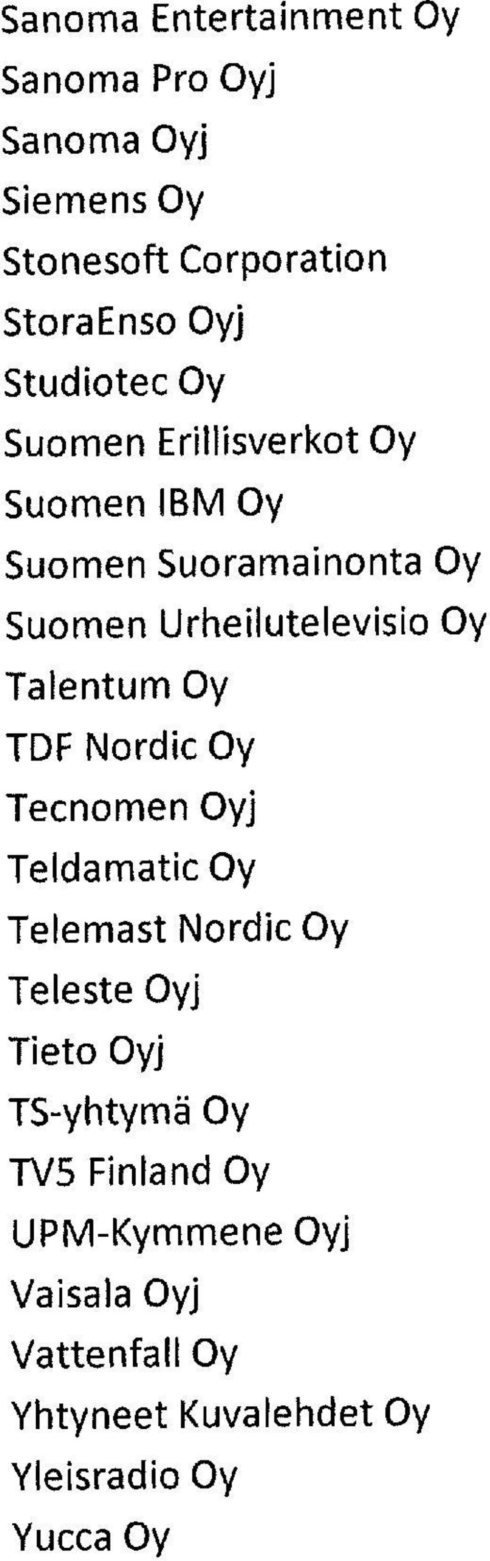 Talentum Oy TDF Nordic Oy Teenomen Oyj Teldamatic Oy Telemast Nordic Oy Teleste Oyj Tieto Oyj