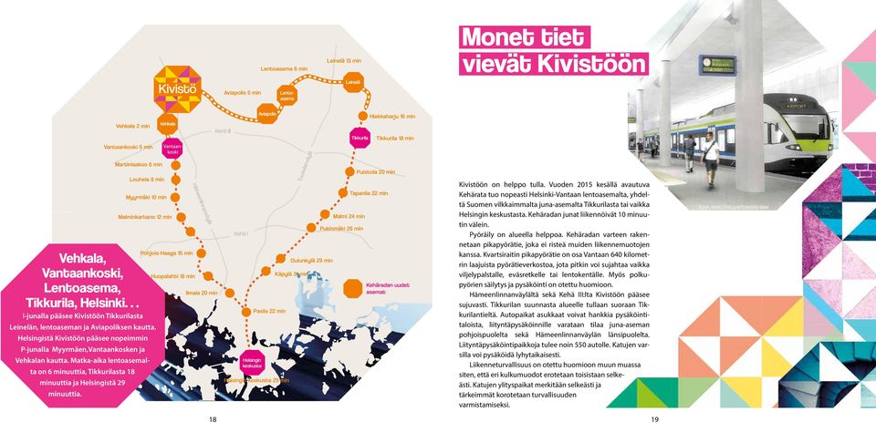 Kivistöön on helppo tulla. Vuoden 2015 kesällä avautuva Kehärata tuo nopeasti Helsinki-Vantaan lentoasemalta, yhdeltä Suomen vilkkaimmalta juna-asemalta Tikkurilasta tai vaikka Helsingin keskustasta.