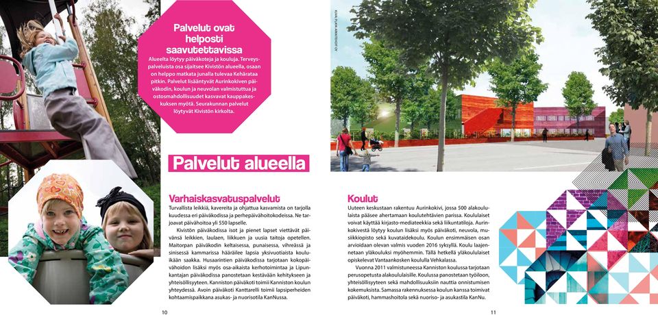 KUVA: PLAYA ARKKITEHDIT OY Palvelut alueella Varhaiskasvatuspalvelut Turvallista leikkiä, kavereita ja ohjattua kasvamista on tarjolla kuudessa eri päiväkodissa ja perhepäivähoitokodeissa.