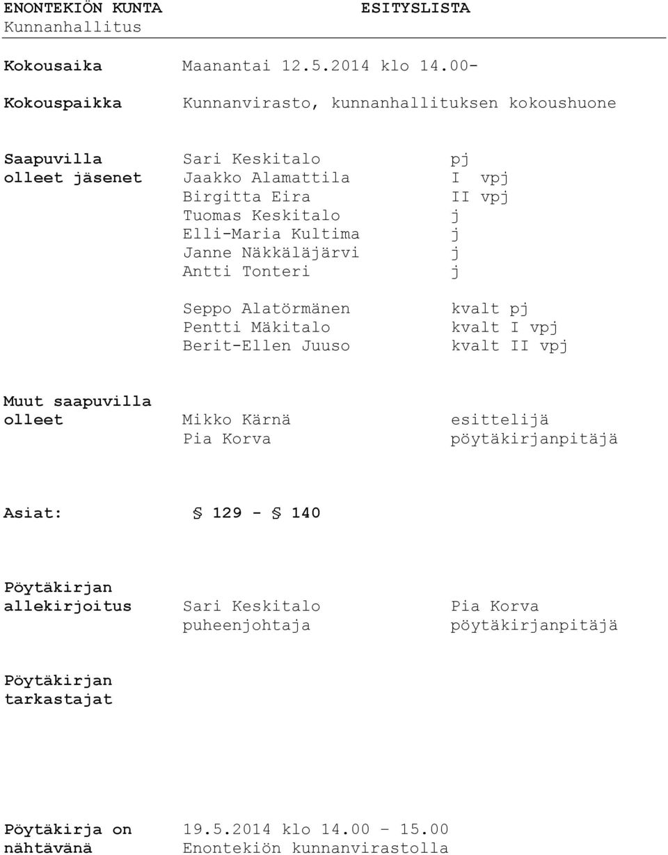 j Elli-Maria Kultima j Janne Näkkäläjärvi j Antti Tonteri j Seppo Alatörmänen Pentti Mäkitalo Berit-Ellen Juuso kvalt pj kvalt I vpj kvalt II vpj Muut saapuvilla