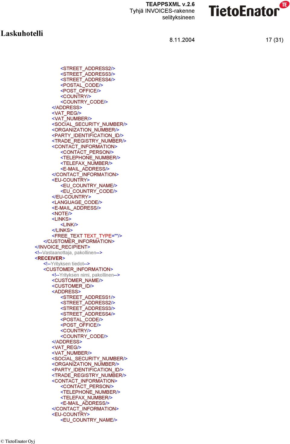<EU_COUNTRY_NAME/> <EU_COUNTRY_CODE/> </EU-COUNTRY> <LANGUAGE_CODE/> <NOTE/> <LINKS> <LINK/> </LINKS> </CUSTOMER_INFORMATION> </INVOICE_RECIPIENT> <!--Vastaanottaja, pakollinen--> <RECEIVER> <!