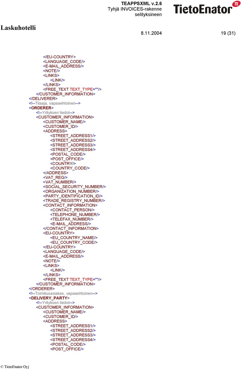 <COUNTRY/> <COUNTRY_CODE/> </ADDRESS> <VAT_REG/> <VAT_NUMBER/> <SOCIAL_SECURITY_NUMBER/> <ORGANIZATION_NUMBER/> <PARTY_IDENTIFICATION_ID/> <TRADE_REGISTRY_NUMBER/> <CONTACT_INFORMATION>