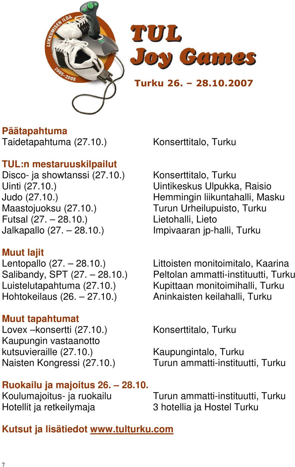 10.) Naisten Kongressi (27.10.) Ruokailu ja majoitus 26. 28.10. Koulumajoitus- ja ruokailu Hotellit ja retkeilymaja Konserttitalo, Turku Konserttitalo, Turku Uintikeskus Ulpukka, Raisio Hemmingin