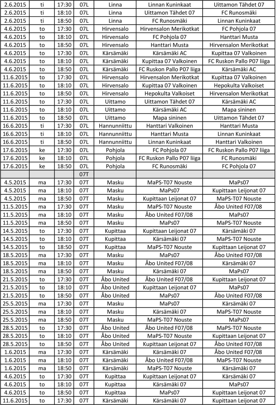 6.2015 to 18:10 07L Kärsämäki Kupittaa 07 Valkoinen FC Ruskon Pallo P07 liiga 4.6.2015 to 18:50 07L Kärsämäki FC Ruskon Pallo P07 liiga Kärsämäki AC 11.6.2015 to 17:30 07L Hirvensalo Hirvensalon Merikotkat Kupittaa 07 Valkoinen 11.