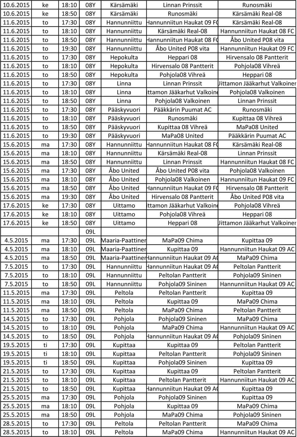 6.2015 to 17:30 08Y Hepokulta Heppari 08 Hirvensalo 08 Pantterit 11.6.2015 to 18:10 08Y Hepokulta Hirvensalo 08 Pantterit Pohjola08 Vihreä 11.6.2015 to 18:50 08Y Hepokulta Pohjola08 Vihreä Heppari 08 11.