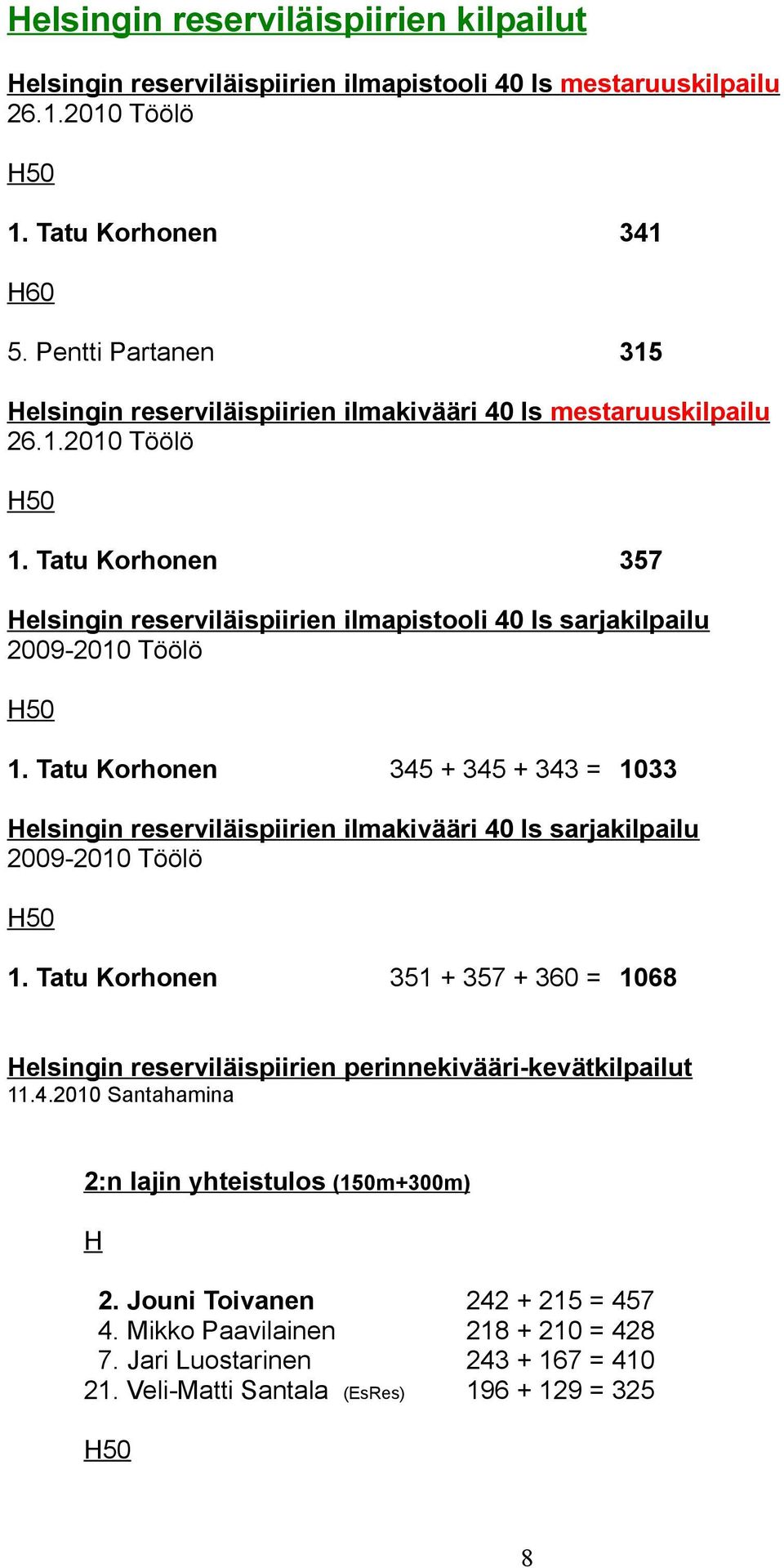 Tatu Korhonen 357 elsingin reserviläispiirien ilmapistooli 40 ls sarjakilpailu 2009-2010 Töölö 1.