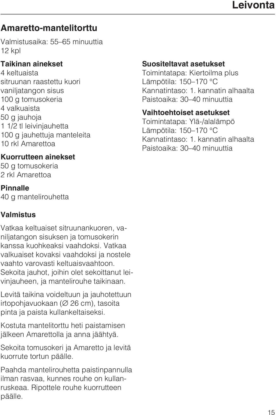 Kannatintaso: 1. kannatin alhaalta Paistoaika: 30 40 minuuttia Toimintatapa: Ylä-/alalämpö Lämpötila: 150 170 C Kannatintaso: 1.