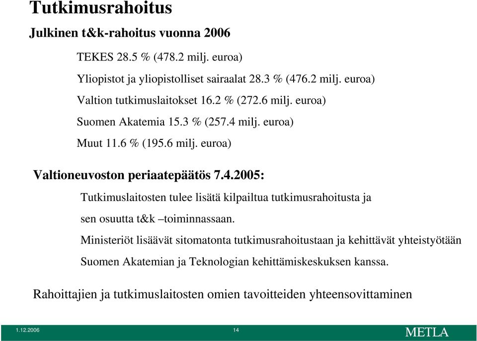 Ministeriöt lisäävät sitomatonta tutkimusrahoitustaan ja kehittävät yhteistyötään Suomen Akatemian ja Teknologian kehittämiskeskuksen kanssa.