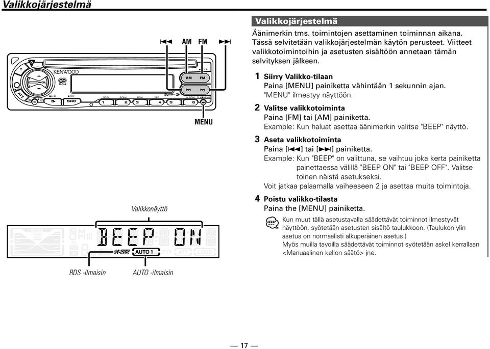 RDM CLK MENU MENU 1 Siirry Valikko-tilaan Paina [MENU] painiketta vähintään 1 sekunnin ajan. "MENU" ilmestyy näyttöön. 2 Valitse valikkotoiminta Paina [FM] tai [AM] painiketta.