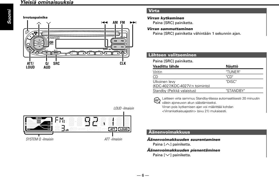 Vaadittu lähde Viritin CD Ulkoinen levy (KDC-4027/KDC-4027V:n toiminto) Standby (Pelkkä valaistus) "TUNER" "CD" "DISC" "STANDBY" LOUD -ilmaisin Laitteen virta sammuu Standby-tilassa automaattisesti