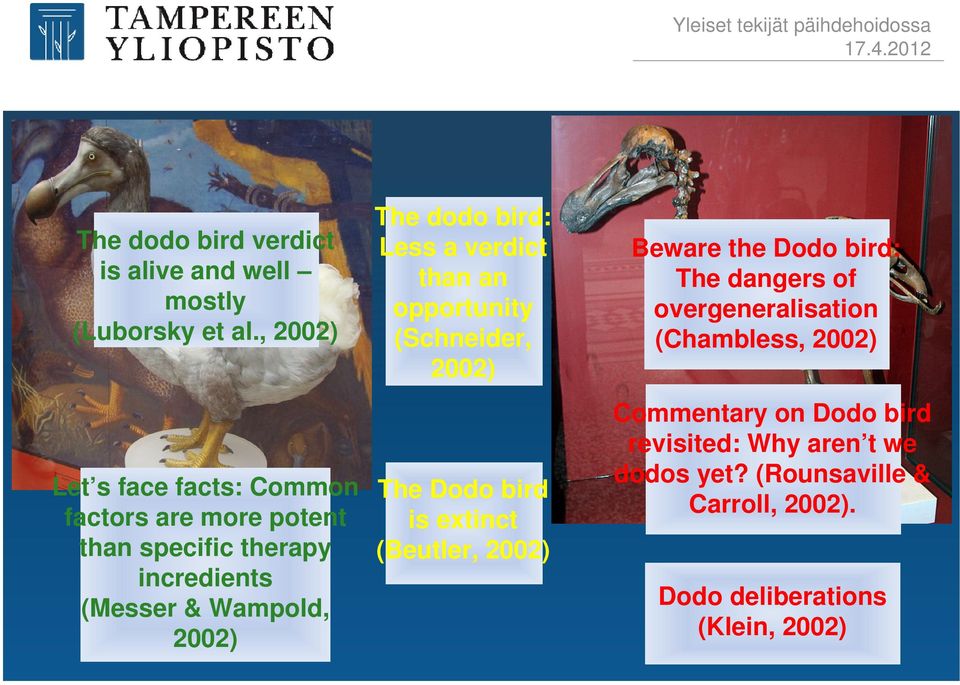 dodo bird: Less a verdict than an opportunity (Schneider, 2002) The Dodo bird is extinct (Beutler, 2002) Beware the Dodo