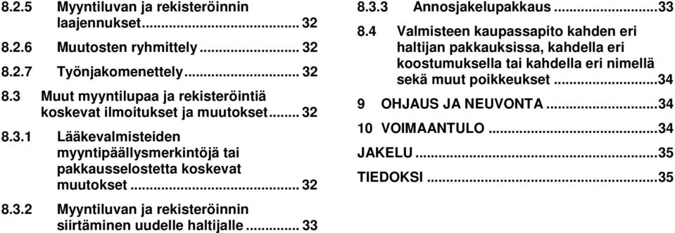 .. 33 8.3.3 Annosjakelupakkaus... 33 8.4 Valmisteen kaupassapito kahden eri haltijan pakkauksissa, kahdella eri koostumuksella tai kahdella eri nimellä sekä muut poikkeukset.