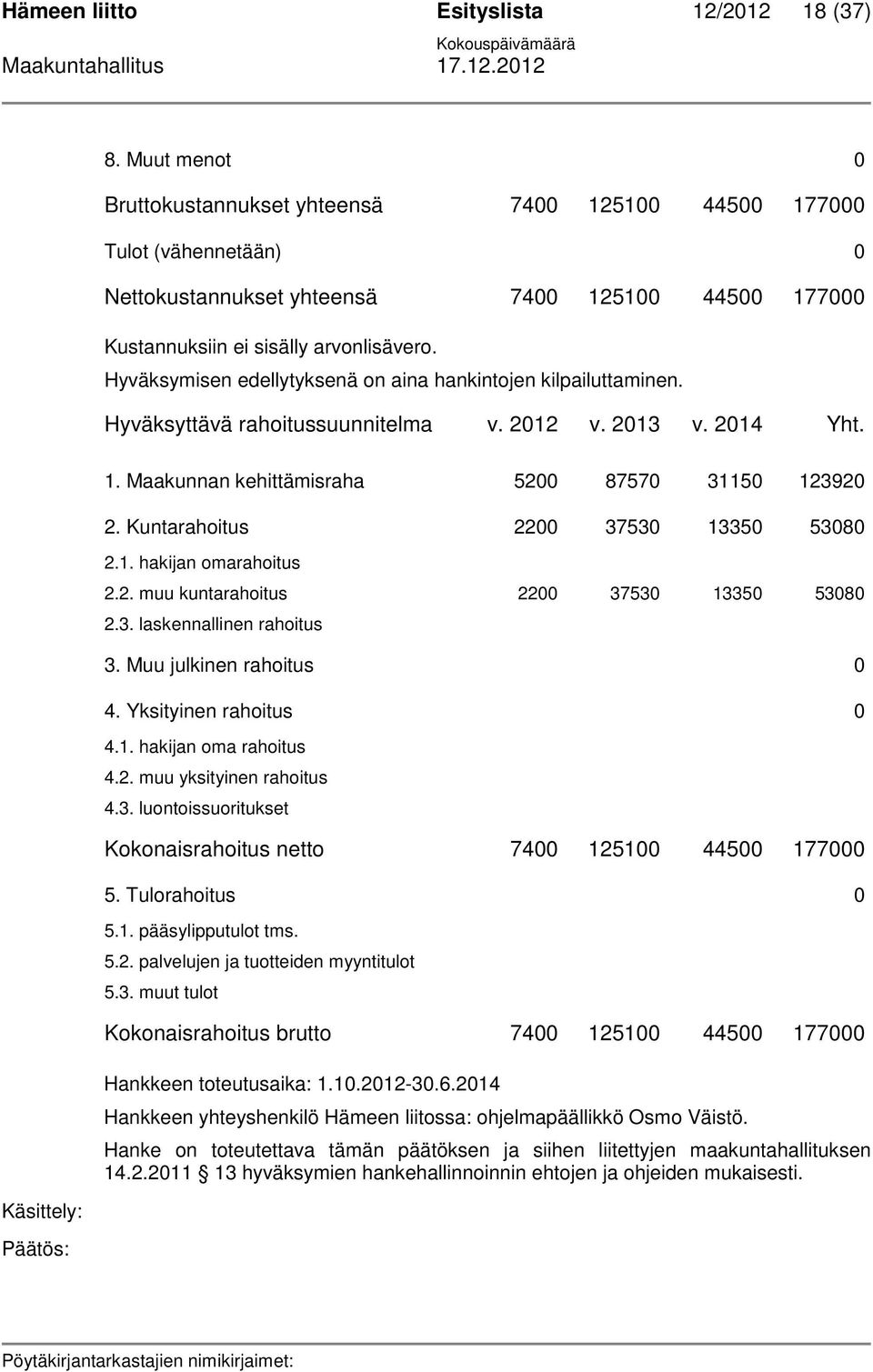 Hyväksymisen edellytyksenä on aina hankintojen kilpailuttaminen. Hyväksyttävä rahoitussuunnitelma v. 2012 v. 2013 v. 2014 Yht. 1. Maakunnan kehittämisraha 5200 87570 31150 123920 2.