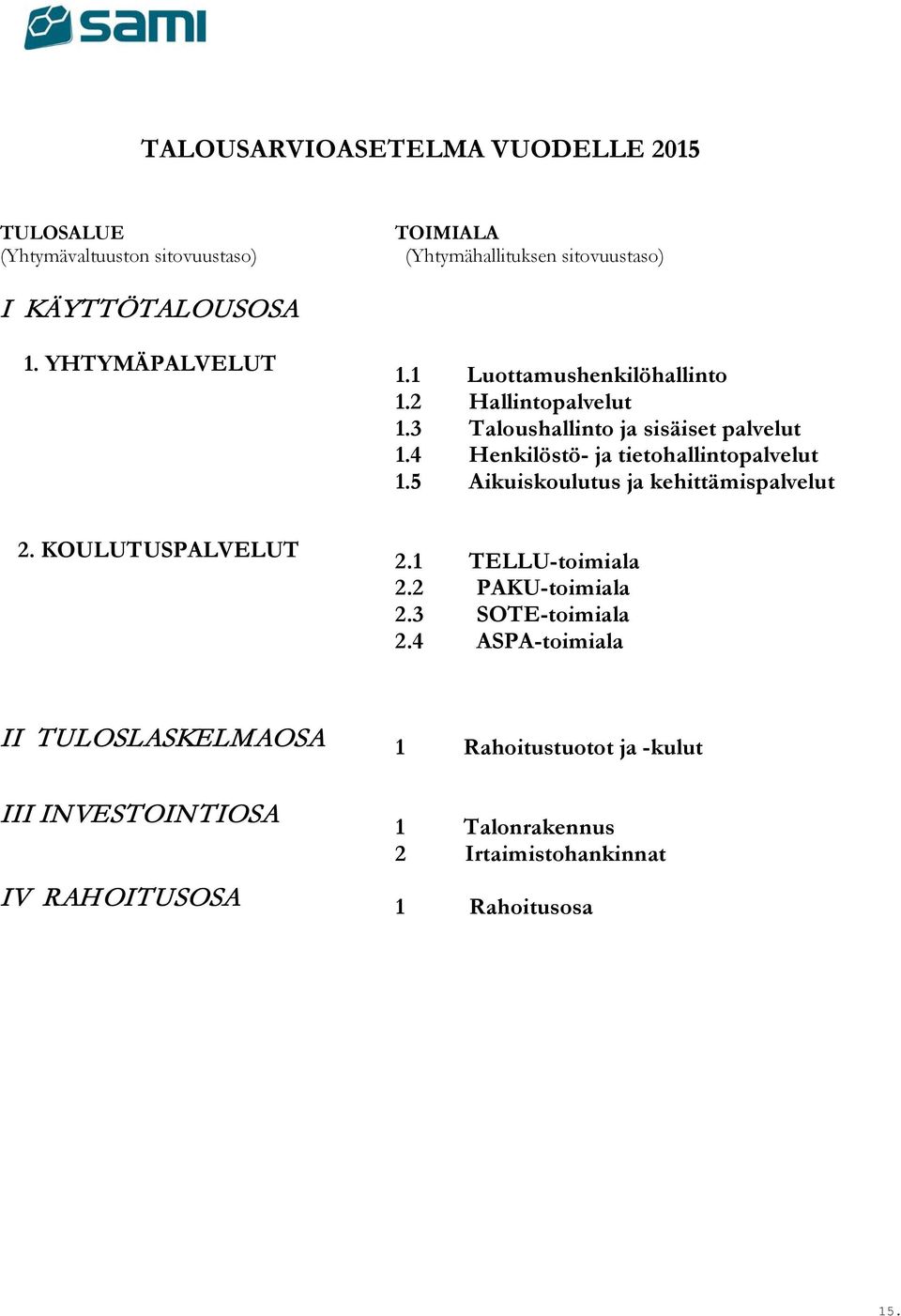 4 Henkilöstö- ja tietohallintopalvelut 1.5 Aikuiskoulutus ja kehittämispalvelut 2. KOULUTUSPALVELUT 2.1 TELLU-toimiala 2.