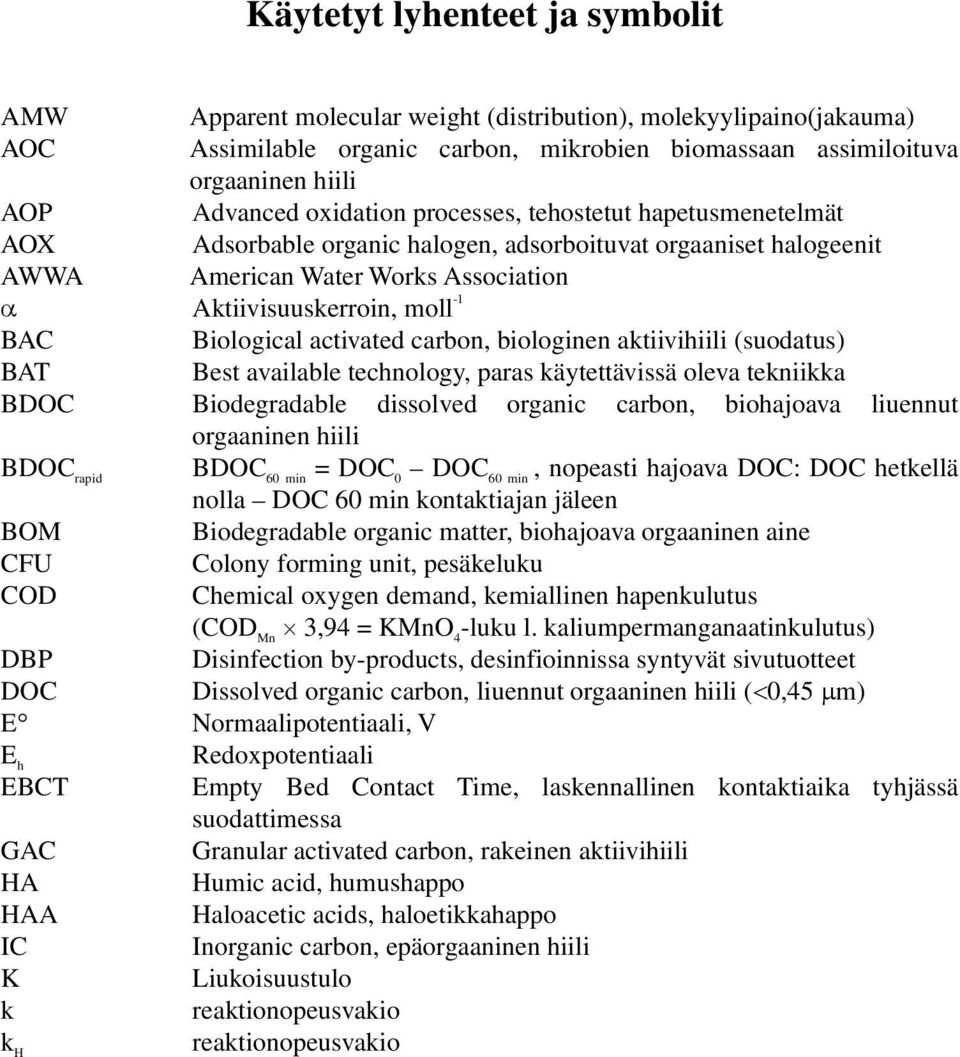 Biological activated carbon, biologinen aktiivihiili (suodatus) BAT Best available technology, paras käytettävissä oleva tekniikka BDOC Biodegradable dissolved organic carbon, biohajoava liuennut