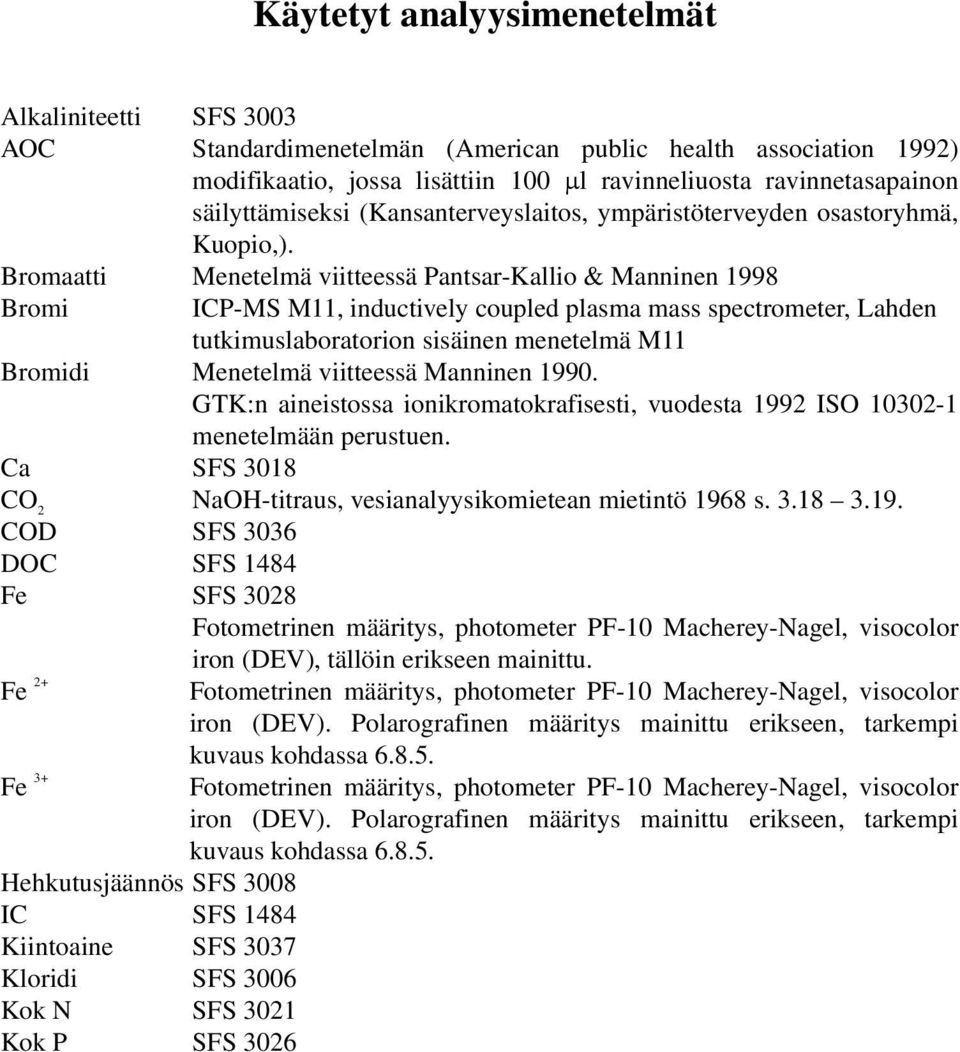 Bromaatti Menetelmä viitteessä Pantsar-Kallio & Manninen 1998 Bromi ICP-MS M11, inductively coupled plasma mass spectrometer, Lahden tutkimuslaboratorion sisäinen menetelmä M11 Bromidi Menetelmä