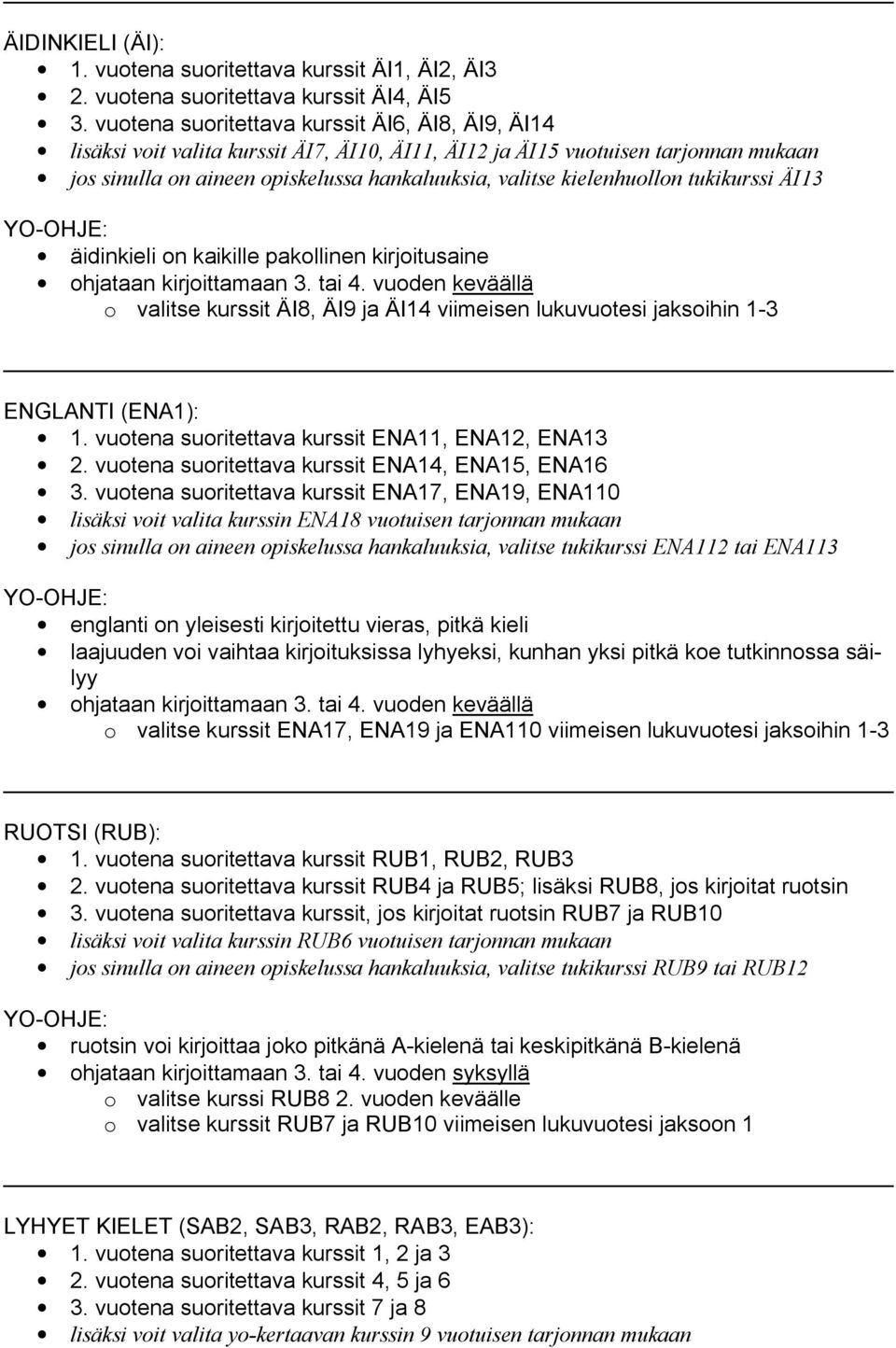 kielenhuollon tukikurssi ÄI13 äidinkieli on kaikille pakollinen kirjoitusaine o valitse kurssit ÄI8, ÄI9 ja ÄI14 viimeisen lukuvuotesi jaksoihin 1-3 ENGLANTI (ENA1): 1.