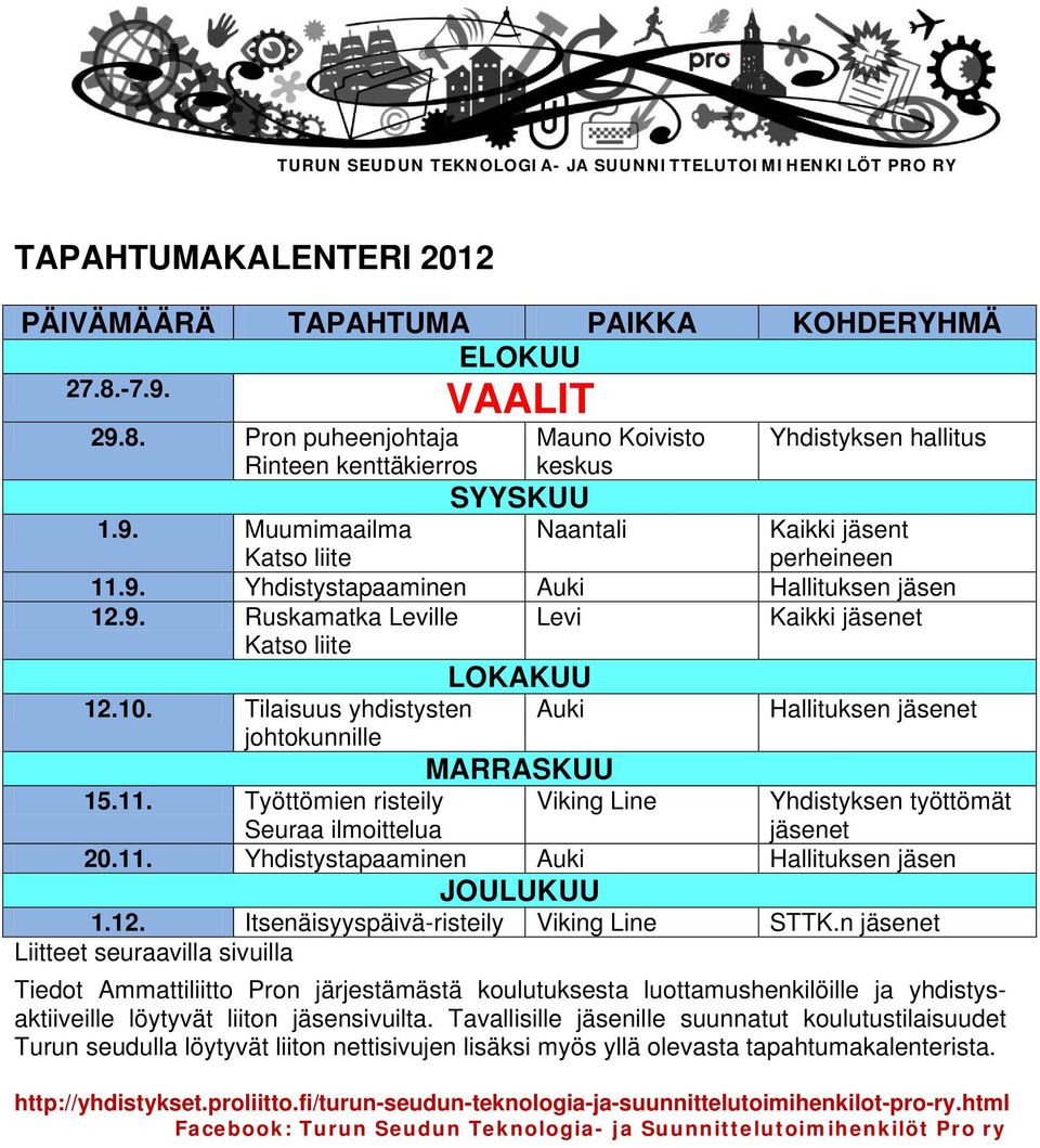 9. Ruskamatka Leville Levi Kaikki jäsenet Katso liite LOKAKUU 12.10. Tilaisuus yhdistysten Auki Hallituksen jäsenet johtokunnille MARRASKUU 15.11.