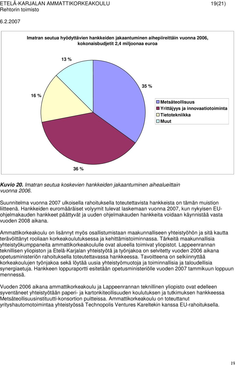 Suunnitelma vuonna 2007 ulkoisella rahoituksella toteutettavista hankkeista on tämän muistion liitteenä.