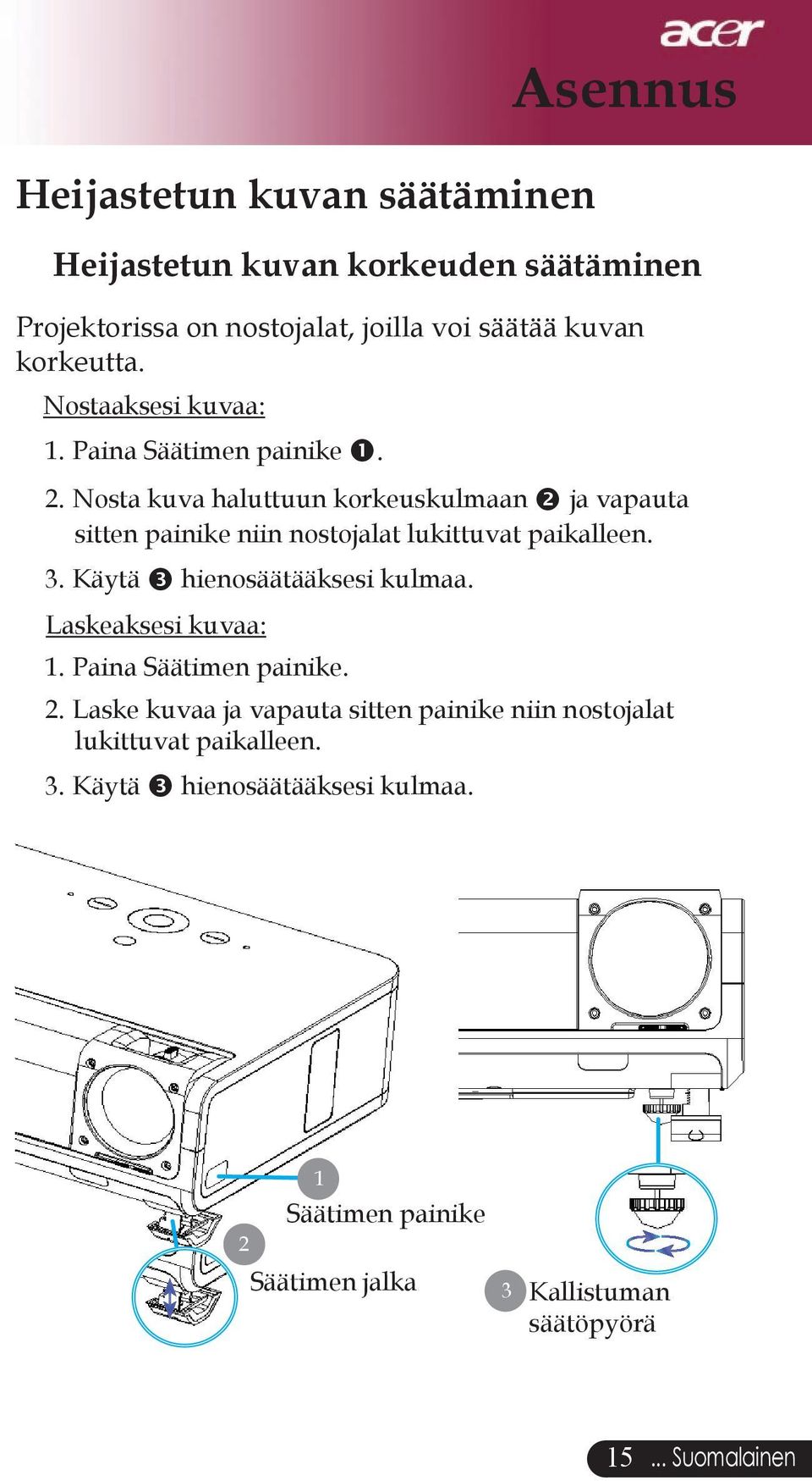 Nosta kuva haluttuun korkeuskulmaan ja vapauta sitten painike niin nostojalat lukittuvat paikalleen. 3. Käytä hienosäätääksesi kulmaa.