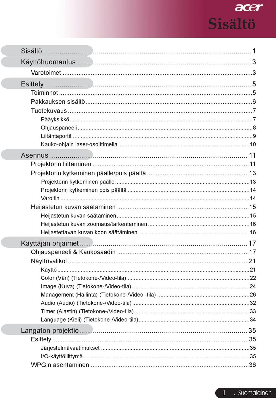 ..14 Varoitin...14 Heijastetun kuvan säätäminen...15 Heijastetun kuvan säätäminen...15 Heijastetun kuvan zoomaus/tarkentaminen...16 Heijastettavan kuvan koon säätäminen...16 Käyttäjän ohjaimet.