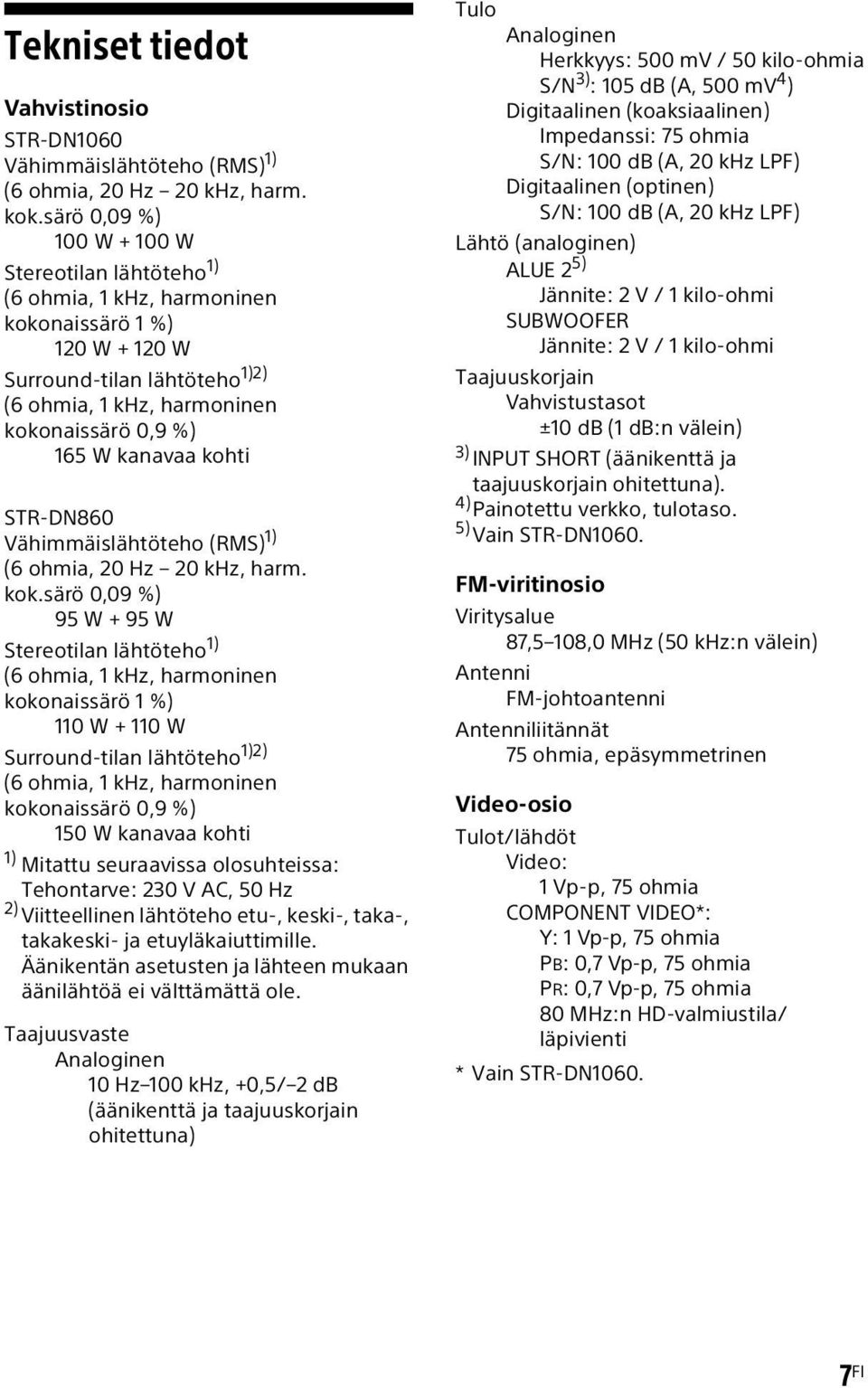 kanavaa kohti STR-DN860 Vähimmäislähtöteho (RMS) 1) (6 ohmia, 20 Hz 20 khz, harm. kok.
