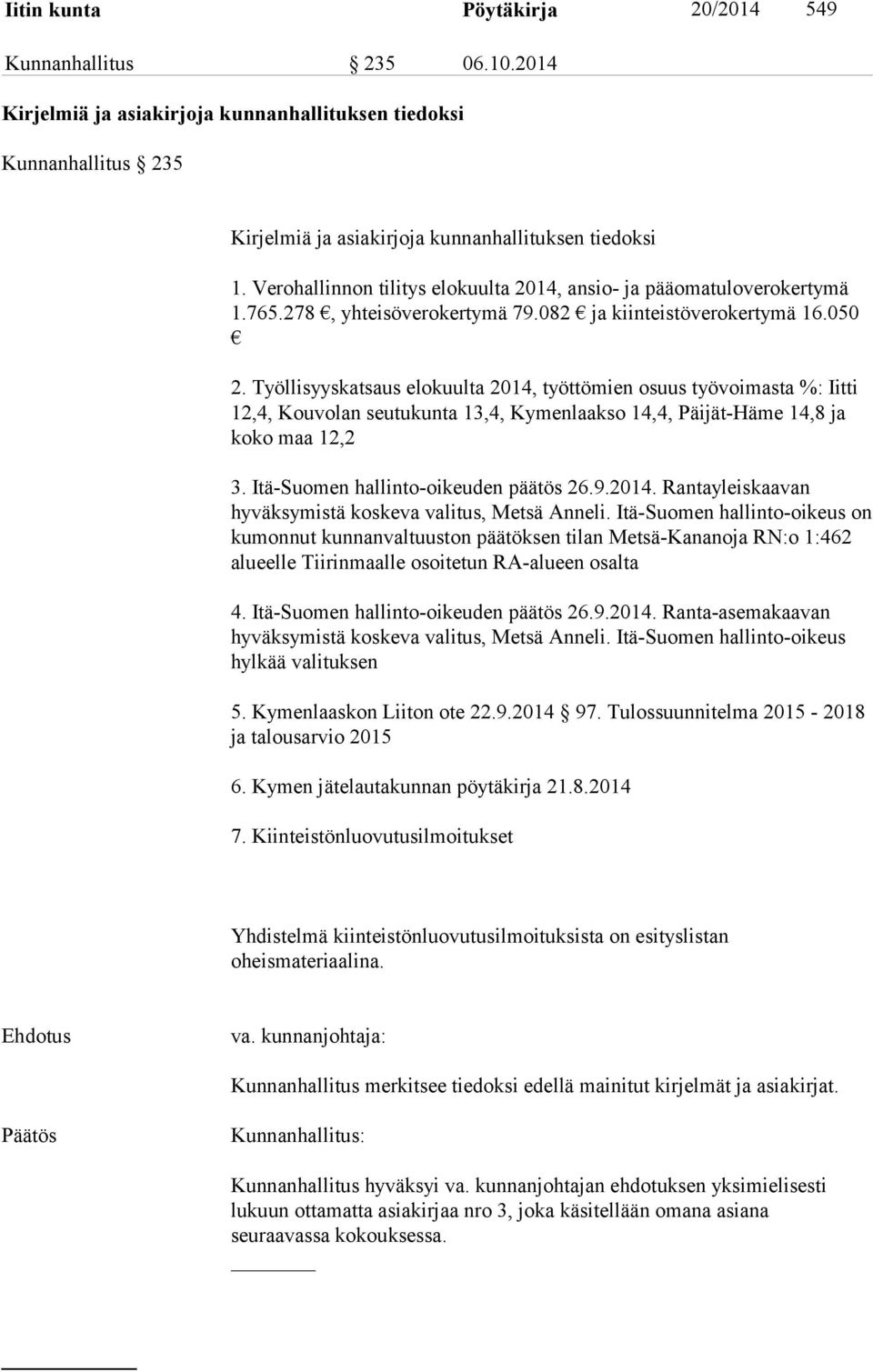 Työllisyyskatsaus elokuulta 2014, työttömien osuus työvoimasta %: Iitti 12,4, Kouvolan seutukunta 13,4, Kymenlaakso 14,4, Päijät-Häme 14,8 ja koko maa 12,2 3. Itä-Suomen hallinto-oikeuden päätös 26.9.