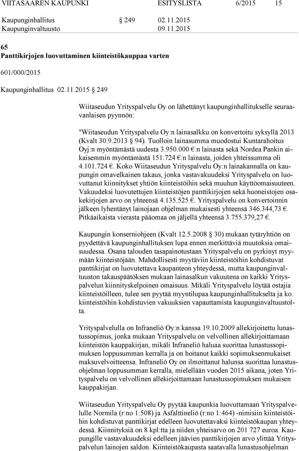 2015 249 Wiitaseudun Yrityspalvelu Oy on lähettänyt kaupunginhallitukselle seu raavan lai sen pyynnön: "Wiitaseudun Yrityspalvelu Oy:n lainasalkku on konvertoitu syksyllä 2013 (Kvalt 30.9.2013 94).