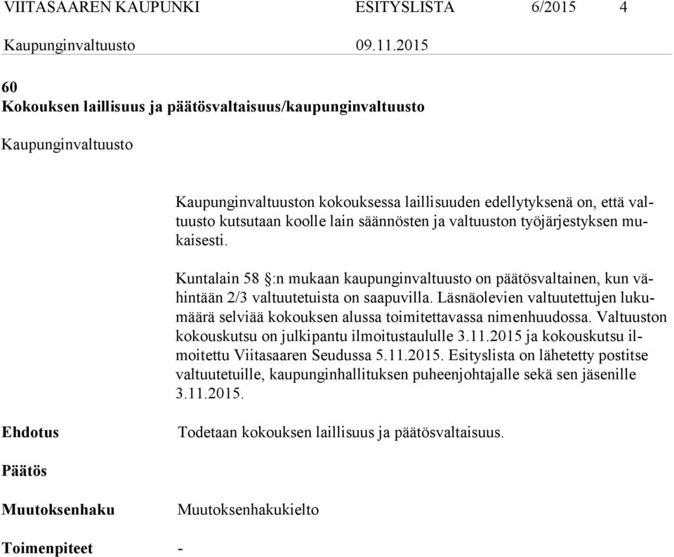 Läsnäolevien valtuutettujen lukumäärä selviää kokouksen alussa toimitetta vassa nimenhuudossa. Val tuuston ko kous kut su on julkipan tu ilmoitustau lulle 3.11.