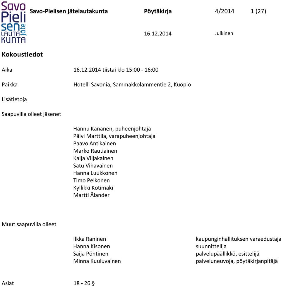 Kaija Viljakainen Satu Vihavainen Hanna Luukkonen Timo Pelkonen Kyllikki Kotimäki Martti Ålander Muut saapuvilla olleet Ilkka Raninen Hanna Kisonen