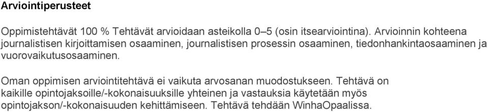 ja vuorovaikutusosaaminen. Oman oppimisen arviointitehtävä ei vaikuta arvosanan muodostukseen.