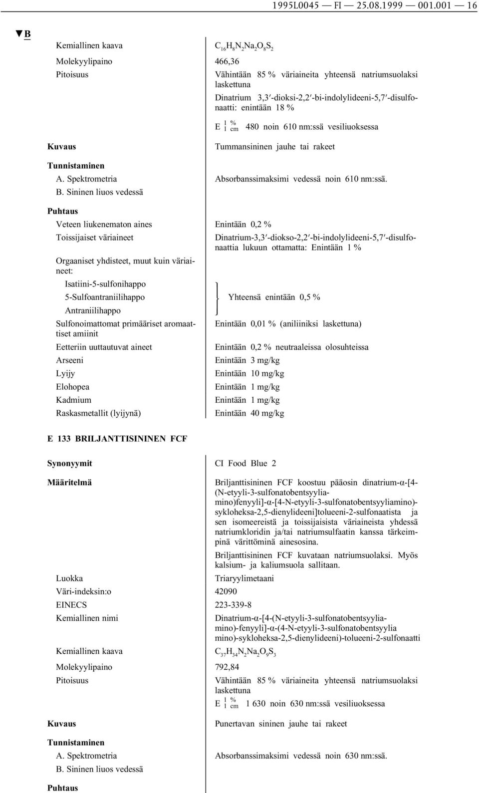 enintään 18 % 480 noin 610 nm:ssä vesiliuoksessa Tummansininen jauhe tai rakeet A. Spektrometria Absorbanssimaksimi vedessä noin 610 nm:ssä. B.