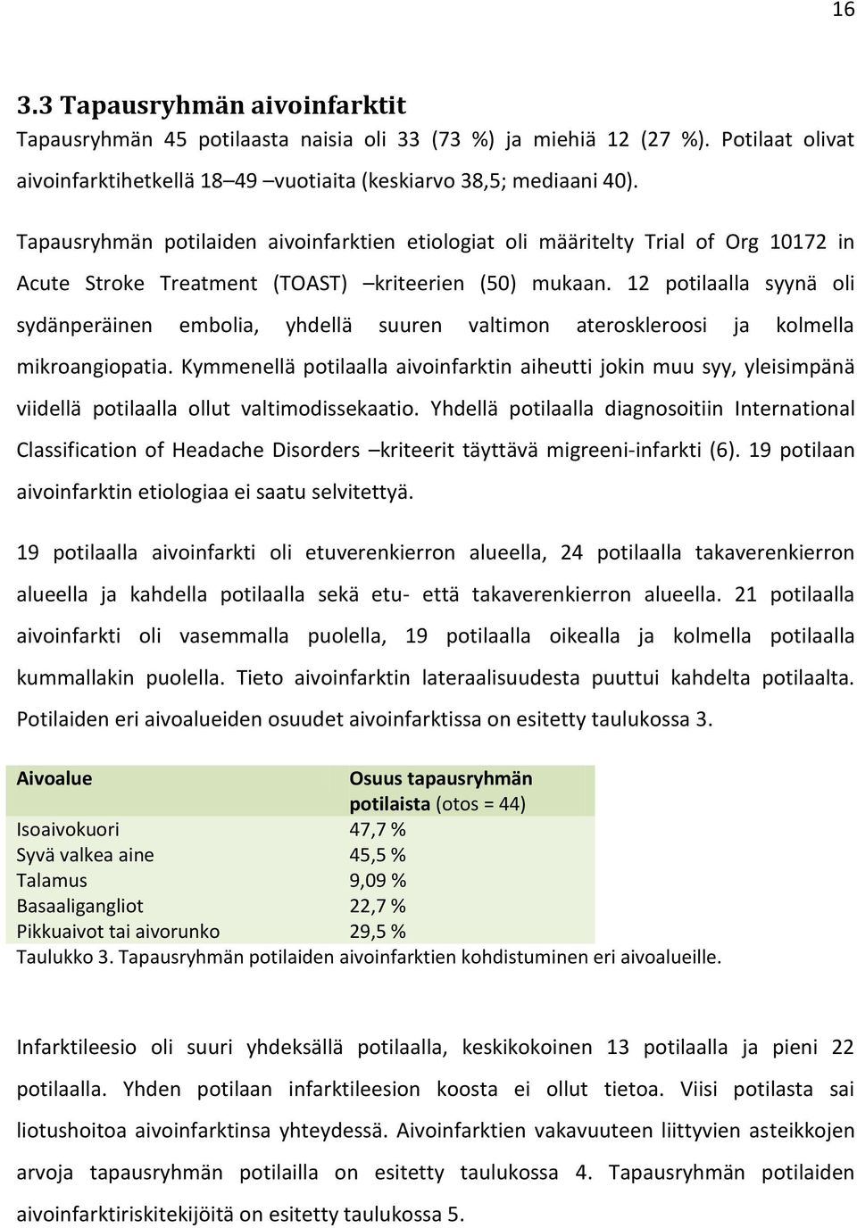 12 potilaalla syynä oli sydänperäinen embolia, yhdellä suuren valtimon ateroskleroosi ja kolmella mikroangiopatia.