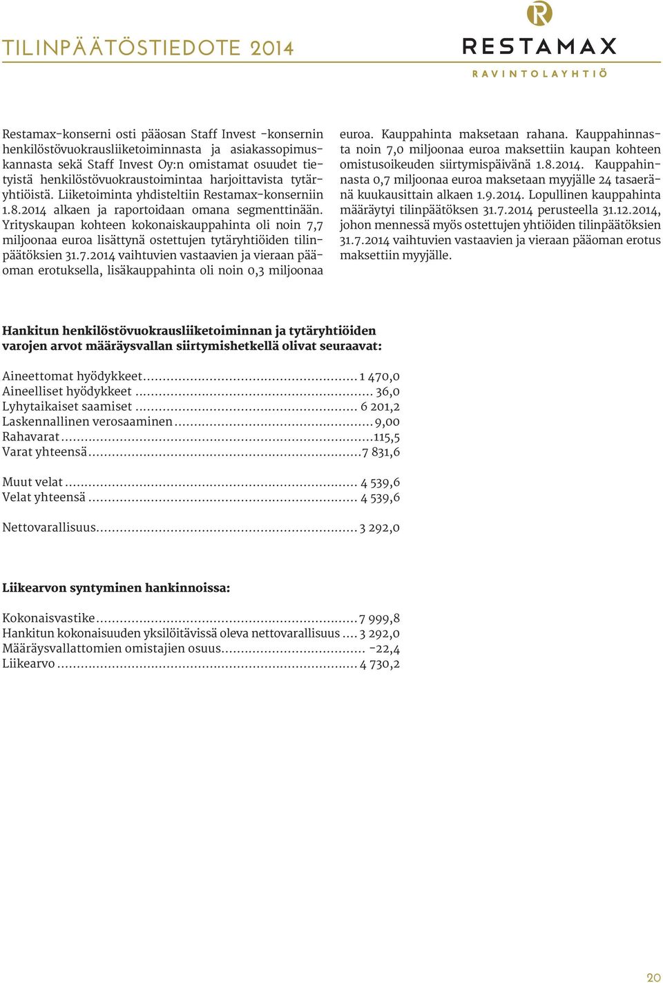 Yrityskaupan kohteen kokonaiskauppahinta oli noin 7,7 miljoonaa euroa lisättynä ostettujen tytäryhtiöiden tilinpäätöksien 31.7.2014 vaihtuvien vastaavien ja vieraan pääoman erotuksella, lisäkauppahinta oli noin 0,3 miljoonaa euroa.