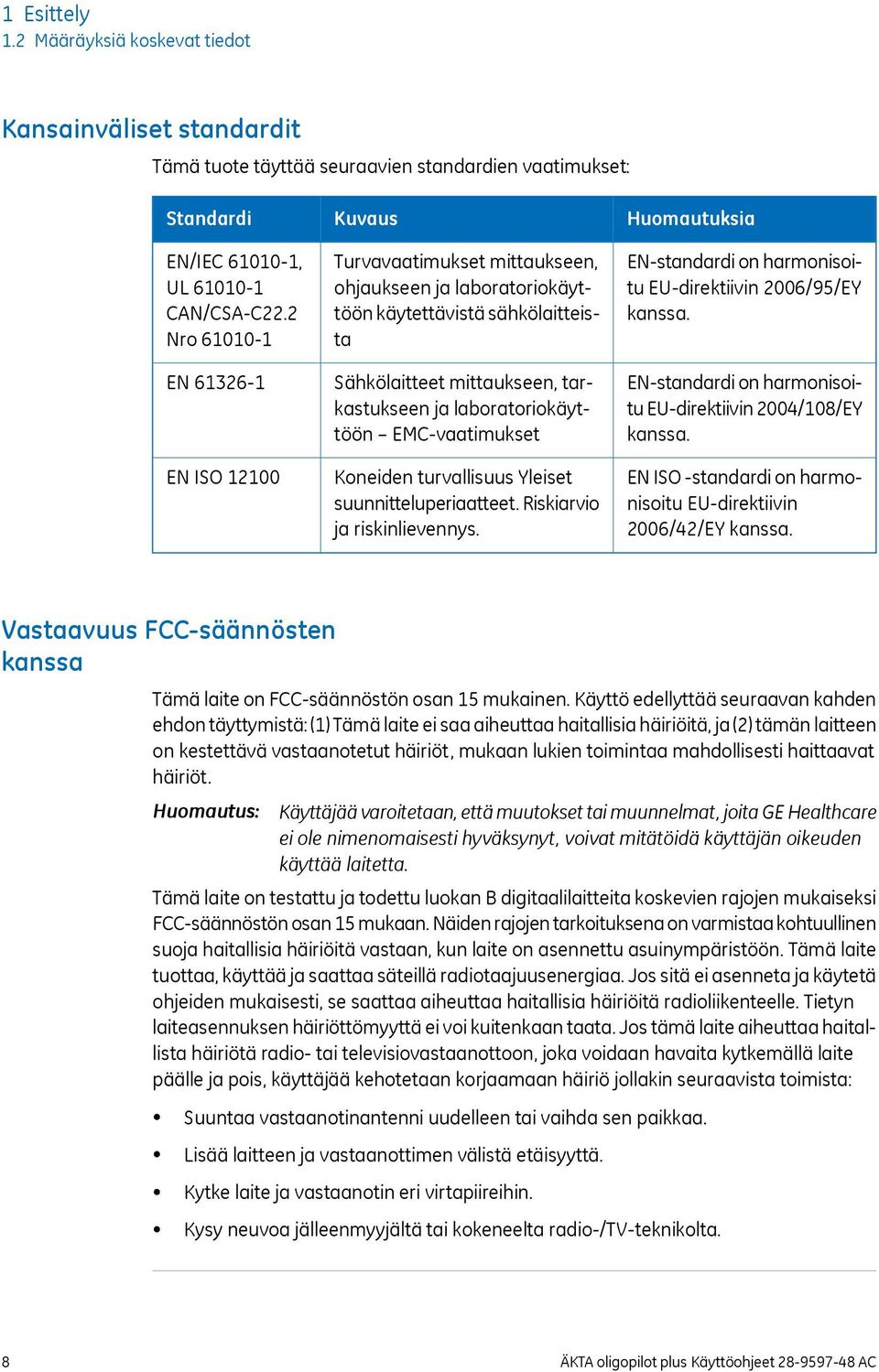 laboratoriokäyttöön EMC-vaatimukset Koneiden turvallisuus Yleiset suunnitteluperiaatteet. Riskiarvio ja riskinlievennys. Huomautuksia EN-standardi on harmonisoitu EU-direktiivin 2006/95/EY kanssa.