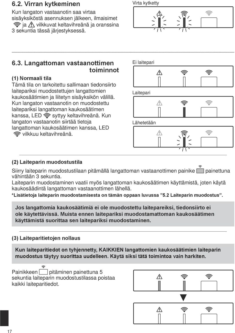 Langattoman vastaanottimen toiminnot (1) Normaali tila Tämä tila on tarkoitettu sallimaan tiedonsiirto laitepariksi muodostettujen langattomien kaukosäätimien ja liitetyn sisäyksikön välillä.