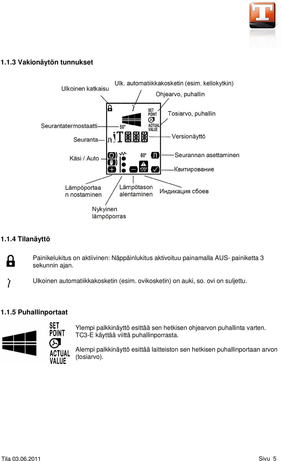 1.5 Puhallinportaat Ylempi palkkinäyttö esittää sen hetkisen ohjearvon puhallinta varten.